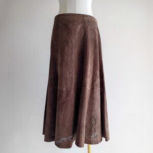 Chico's Brown Suede Midi Skirt Laser Cut Hem Size 2